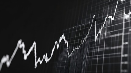 Poster - Abstract grayscale stock market graph showing fluctuating data trends on a dark background.