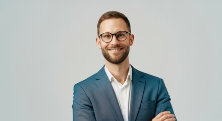 Wall Mural - Man wearing a blue suit and white shirt is smiling