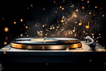 Aufkleber - A magical vinyl record spinning on a golden turntable, surrounded by glowing musical notes and swirling ethereal light