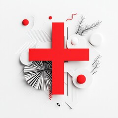 Poster - Prominent red cross abstraction with geometric shapes and patterns on a light background. Generative AI