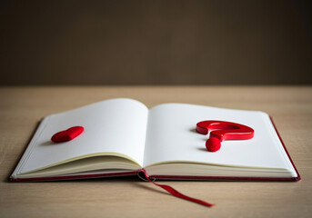 Poster - Book with heart and question mark symbolizing love and inquiries on a wooden table