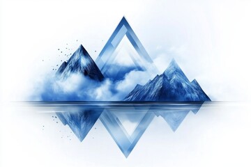 Poster - A minimalist depiction of mountains using geometric shapes in shades of blue and gray, set against a plain white background