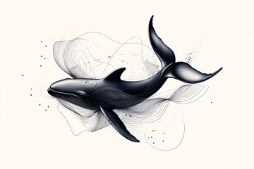 Leinwandbilder - A minimalist design of a whale tail emerging from stylized waves, drawn in clean black lines on a white background