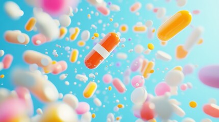 The scene of colorful pills and capsules floating against a blue background is vibrant and dynamic, with a diverse assortment of shapes and colors that evoke feelings of health and wellness