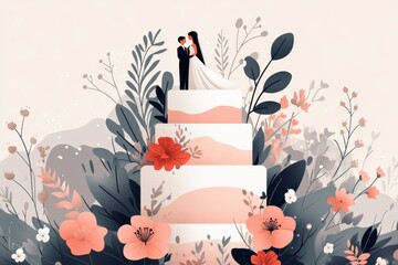 Poster - A pixel art depiction of a cute, colorful wedding cake with tiny layers, floral decorations, and a bride and groom topper in a retro style