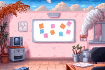 Poster - A pixel art depiction of a whiteboard with tiny colorful notes and a cheerful classroom backdrop, rendered in a retro, 8-bit style