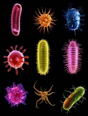 Poster - sequence of evolving bacteria showcasing diverse forms and structures in a vibrant visual representa