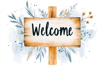 Poster - A simple illustration of a â€œWelcomeâ€ sign hanging from a wooden post, drawn with clean lines and soft neutral tones