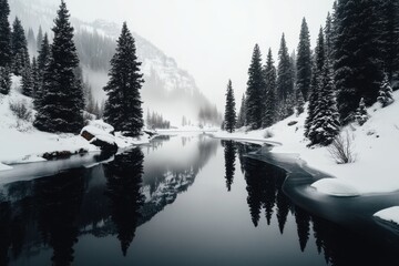 Poster - A tranquil Nordic lake surrounded by snow-covered pine trees, with soft light reflecting off the frozen surface