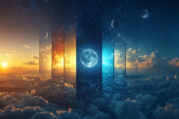 Wall Mural - worldwide weather prediction backdrop, featuring both day and night, with the sun and moon