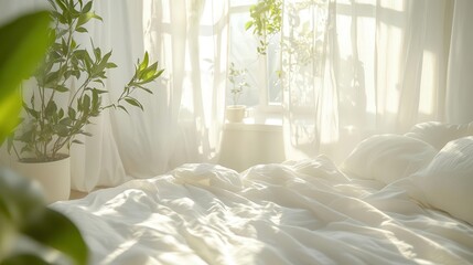 Wall Mural - Bright bedroom with natural light, close-up of white curtains fluttering in the breeze, minimalist and peaceful setting