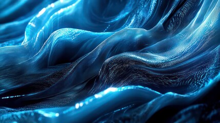 Poster - Abstract blue fabric texture with flowing waves and shimmering highlights.