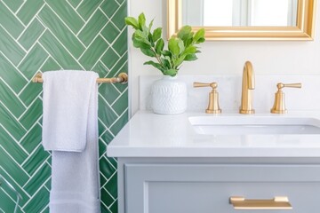 Wall Mural - Stylish bathroom featuring olive green tiles, lavender-gray vanity, and gold fixtures with a modern aesthetic