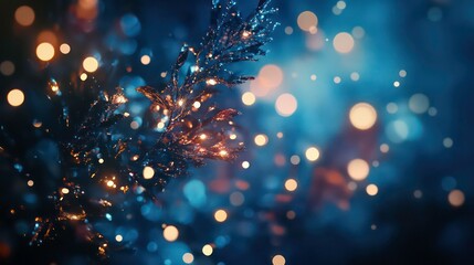 Poster - Illuminated branch with bokeh lights, dark blue background.