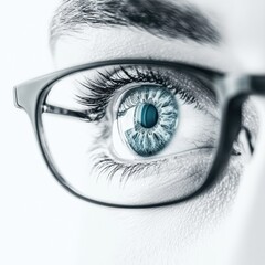 Poster - Close up of a human eye with glasses showcasing detailed iris pattern and reflection. Generative AI