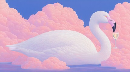 Wall Mural - a white swan sips wine from its beak against a cloudy backdrop