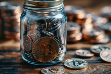 Poster - Bitcoin and other cryptocurrency coins filling a glass jar on a wooden surface
