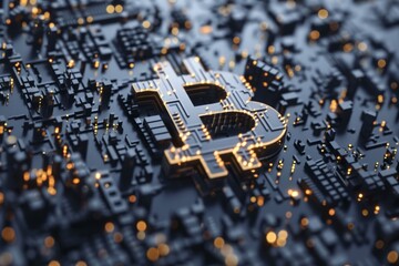 Poster - Bitcoin symbol standing out from a dark circuit board with glowing edges