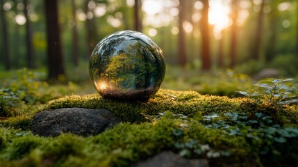 Wall Mural - Sunlight filters through the green grass forest, illuminating crystal-covered ferns in the green grass. Concepts: environment, save the world, earth day, ecology, and conservation