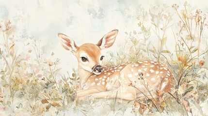 Wall Mural - a painting portrays a fawn reposing amidst a meadow of wildflowers against a cerulean sky