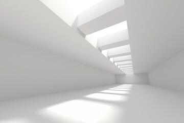 Wall Mural - Minimalist architectural design featuring a bright white corridor with geometric skylights. 3d render.