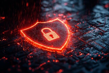 Poster - a hacker wields a glowing shield adorned with a digital lock, symbolizing either cyber protection or