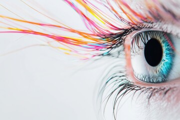 Poster - Close up of a colorful human eye with vibrant eyelashes and striking details in a bright setting. Generative AI
