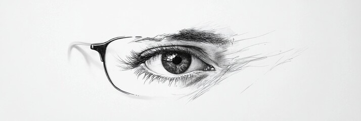 Poster - Close view of a human eye with glasses showcasing intricate details and striking features of the iris and eyelashes. Generative AI