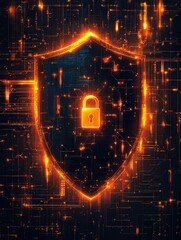Poster - A digital interface displays a shield and lock icon, representing robust internet security measures and data protection methods. Stock