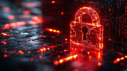 Poster - Digital red glowing padlock composed of glowing atoms, featured on a dark blue background, symbolizes cyber security technology designed for fraud prevention and data network protection