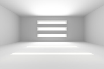 Wall Mural - Minimalist white room with symmetrical light panels for interior design and modern architecture. 3d render