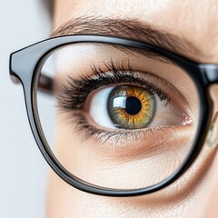 Poster - Close up view of a human eye with glasses highlighting intricate details and vibrant colors. Generative AI