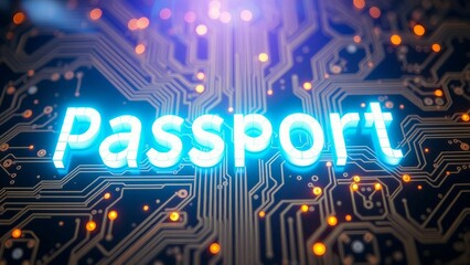 Digital product passport glowing text on a futuristic circuit board background