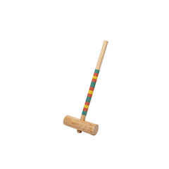 Colorful striped handle wooden croquet mallet on white surface