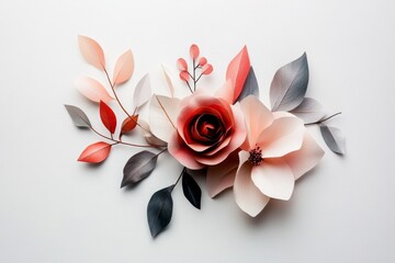 Aufkleber - A clean geometric design of a single rose, reduced to its essential shapes with muted red and green tones on a white backdrop