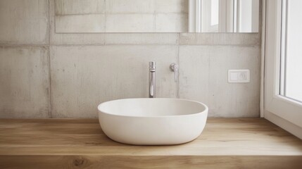 Wall Mural - Modern minimalist bathroom sink on light wood counter with concrete wall.