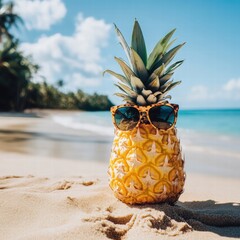 Poster - Cheerful pineapple wearing sunglasses enjoys a sunny day on the beach with clear blue skies and gentle waves lapping the shore. Generative AI