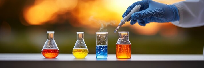 Poster - science experiment with blue, yellow, and orange fluids research and discovery in the lab