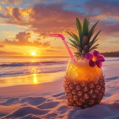 Poster - Refreshing pineapple drink with a colorful straw at sunset on a serene beach. Generative AI