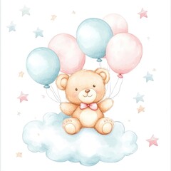 Poster - Teddy bear on cloud holds balloons, with stars background for kids decor, invitations, or greeting card