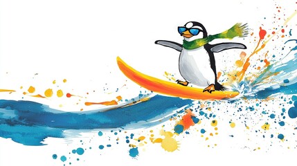 Wall Mural - a penguin rides a surfboard on a wave with a splash of paint on the water as it splashes around