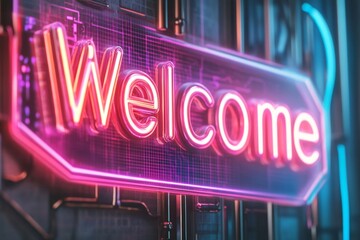Fototapete - A cyberpunk-style â€œWelcomeâ€ sign glowing in vibrant neon colors, set against a futuristic urban background with holographic elements