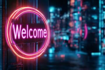 Fototapete - A cyberpunk-style â€œWelcomeâ€ sign glowing in vibrant neon colors, set against a futuristic urban background with holographic elements