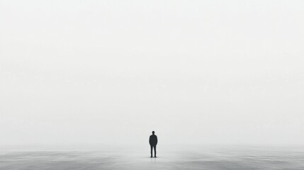Wall Mural - solitary figure standing in dense fog, minimalist landscape.