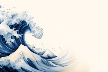 Poster - A flat 2D illustration of a curling wave, drawn in bold blue lines with a clean white background for a modern, fresh aesthetic