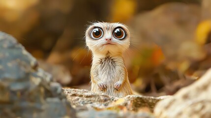 Wall Mural -   A baby meerkat stood upright, eyes wide in surprise as it gazed into the camera lens