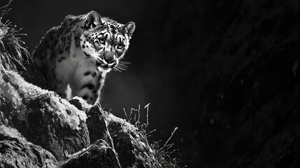 Wall Mural -   A black-and-white image of two snow leopards facing each other on top of a rocky cliff