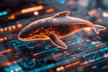 Poster - A futuristic depiction of a biomechanical whale with glowing neon panels swimming through a digital ocean, surrounded by holographic effects
