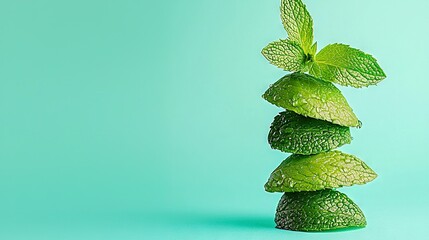 Poster -   Mint leaves neatly arranged on a light blue table beside the green wall, creating a visually appealing display