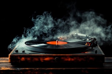 Poster - A gothic depiction of an old vinyl record player in a dark, dusty room, with faint glowing light emanating from the grooves of a spinning record